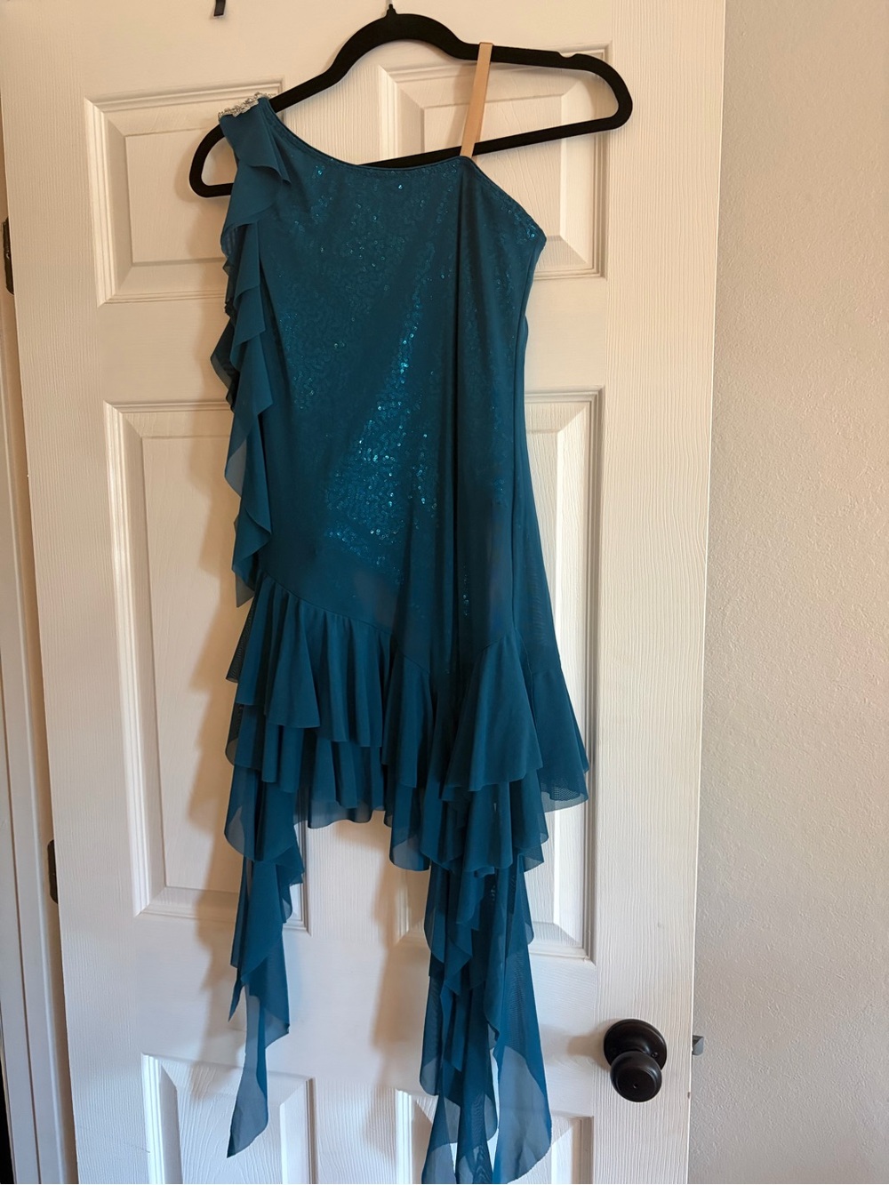 Teal One-Shoulder Ruffle Dance Dress